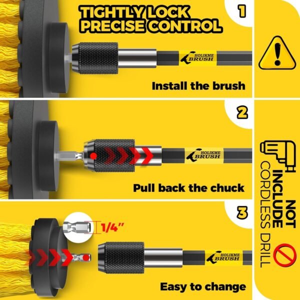 Yellow 5-Pack Drill Brush Set Extended Attachments for All-Purpose Cleaning. - Image 3